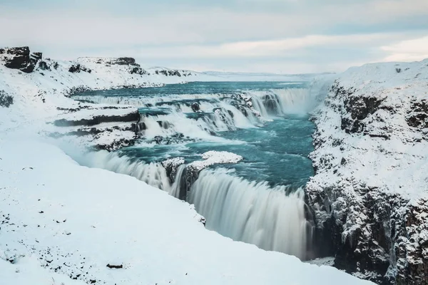 Cachoeira Gullfoss Vista Desfiladeiro Rio Hvita Durante Inverno Neve Islândia — Fotografia de Stock