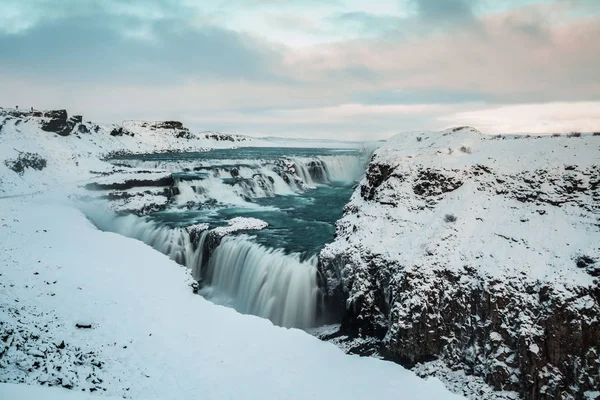 Gullfoss Vízesés Kilátás Kanyonban Hvita Folyó Télen Izland — Stock Fotó