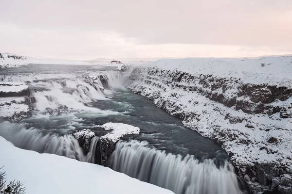 Gullfoss Vattenfall Utsikt Kanjonen Hvita Floden Vintern Snö Island — Stockfoto
