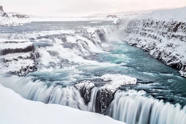 Gullfoss Vattenfall Utsikt Kanjonen Hvita Floden Vintern Snö Island — Stockfoto