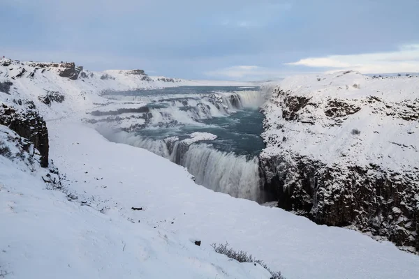 Gullfoss Vodopád Pohled Kaňonu Řeky Hvita Během Zimního Sněhu Island — Stock fotografie