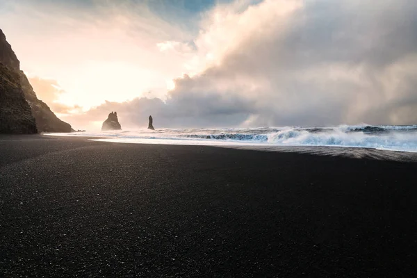 Reynisfjara Або Вид Пляж Чорний Пісок Під Час Сходу Сонця — стокове фото