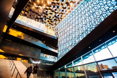 Reykjavk, İzlanda, Şubat 2017: Bir konser salonu ve konferans merkezi olan Harpa Konser Salonu manzarası