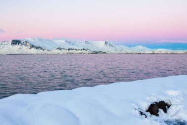 İzlanda sahil ülkenin başkenti ve en büyük olan günbatımı sırasında Reykjavik görünümü.