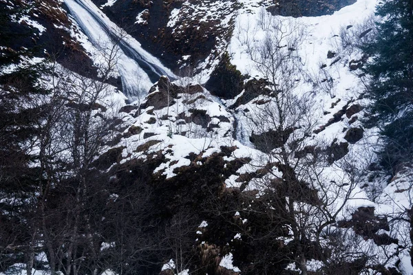 Вид Водопада Сиду Время Зимнего Снегопада Кирккаээястуре Исландия — стоковое фото