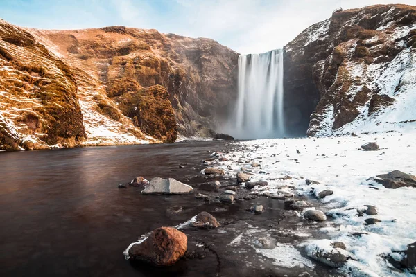 Skogafoss Vista Durante Neve Invernale Che Trova Nel Fiume Skoga — Foto Stock