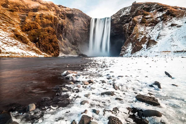 Skogafoss Pohled Během Zimního Sněhu Který Nachází Řece Skoga Jižním — Stock fotografie