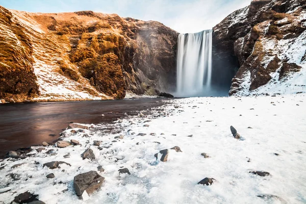 Skogafoss Kilátás Télen Amely Található Skoga Folyó Dél Izlandon — Stock Fotó