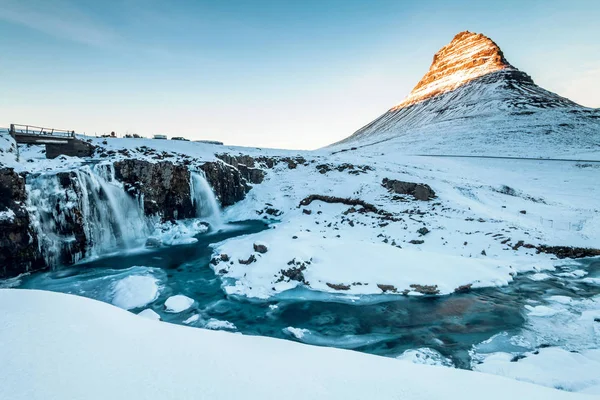 Kirkjufell View Winter Snow Which High Mountain North Coast Iceland — стоковое фото