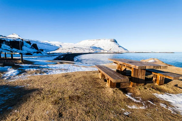 Вид Зимний Снег Очаровательный Городок Исландии Северной Стороне Полуострова Снефельснес — стоковое фото