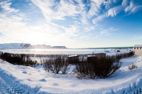 Vacker Vinter Snö Landskap Snaefellsnesvegur Nära Kirkjufell — Stockfoto