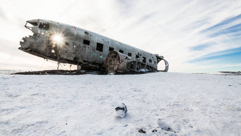 Solheimasandur the plane wreck view during winter snow