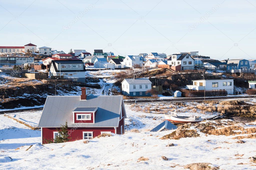 Small town of Stykkisholmur winter view which is a tow situated in the western part of Iceland, in the northern part of the Snaefellsnes peninsula