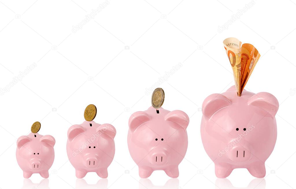 Piggy bank and euro currency on white background. Money savings and business growth concept. Copy space