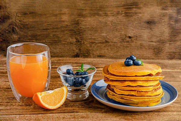 Heap Pumpkin Pancakes Blueberries Orange Juice Rustic Wooden Background Copy — Stock Photo, Image