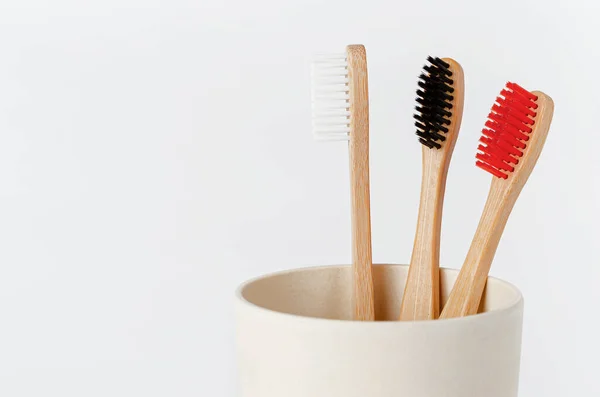Red White Black Bamboo Toothbrushes Eco Cup White Background Copy — Stock Photo, Image