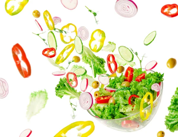 Ingredientes Ensalada Verduras Voladoras Sobre Recipiente Transparente Vitaminas Concepto Alimentación — Foto de Stock