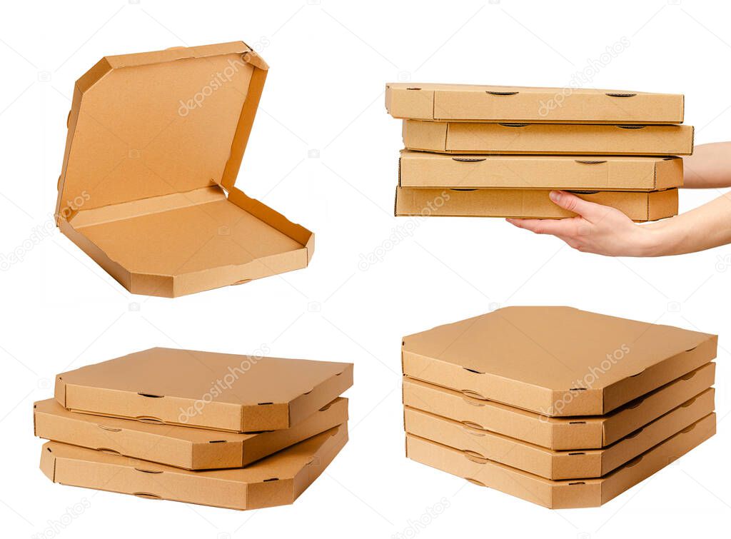 Pizza cardboard boxes collection isolated on white.