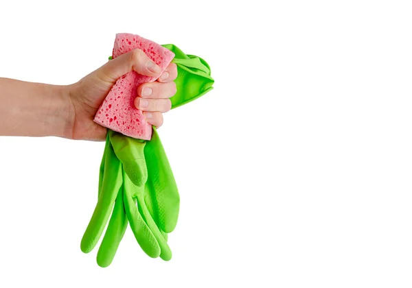 Mão Feminina Segurando Esponja Luvas Limpeza Proteção Pele Conceito Isolado — Fotografia de Stock