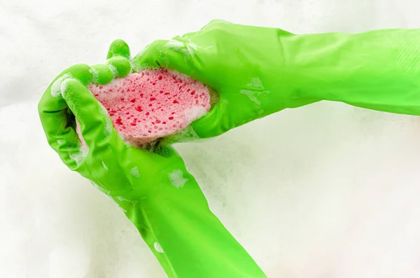 Hand Protective Glove Holding Soapy Sponge Foam Background Dish Washing — Stock Photo, Image