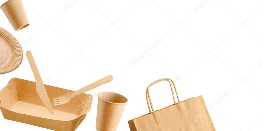 Tableware for picnic made from eco friendly materials. Environmental consiousness concept. Isolated on white.