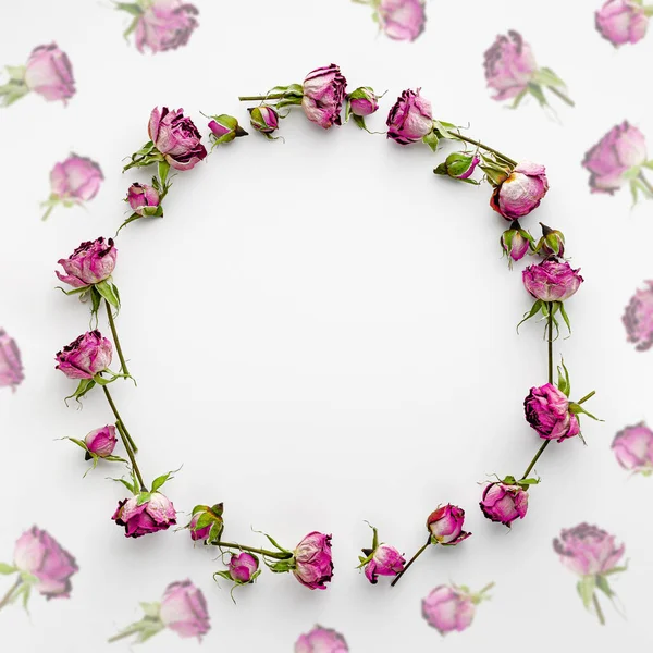 白に乾燥したピンクのバラで作られた丸いフレームまたは花輪 クリエイティブテンプレートと休日の背景 — ストック写真