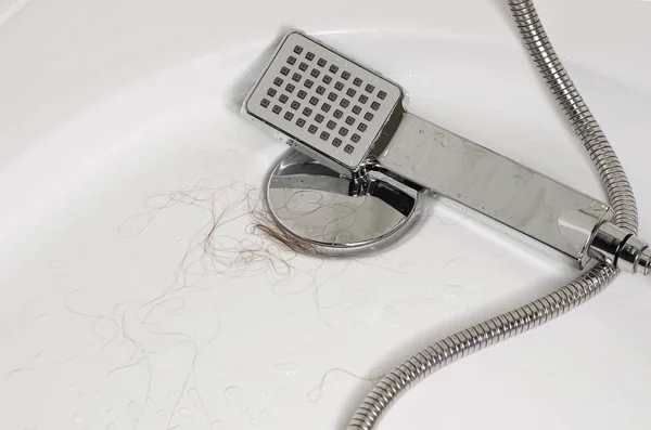 Haaruitval Het Wassen Van Haar Vloer Onder Douche Sluit Kopieer — Stockfoto