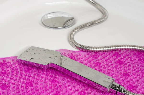 Purple Slip Rubber Mat Bath Shower Head Lying Shower Stall — Stock Photo, Image
