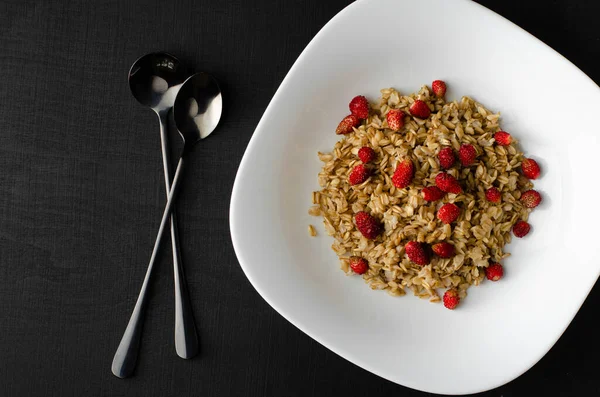 健康燕麦粥粥与野生草莓 健康食品 顶部视图 — 图库照片