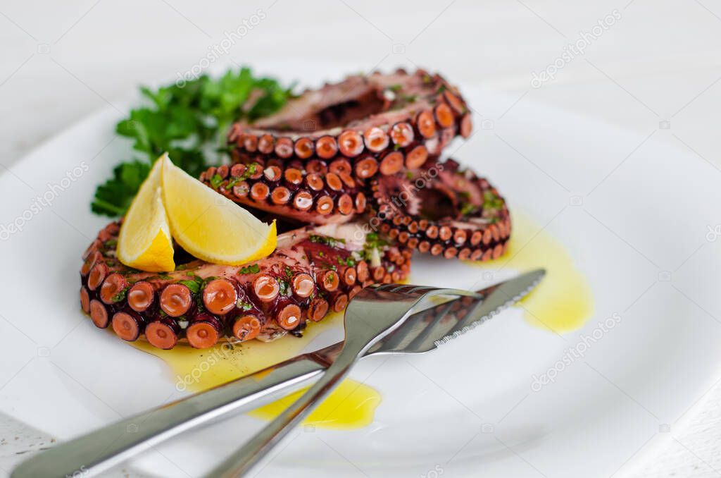 Delicious octopus salad with dressing, lemon and parsley on white background. Healthy eating. Seafood cooking