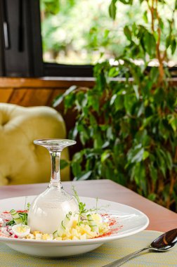 Soğuk yoğurt yaz çorbası okroshka. Rus mutfağı. Restoran menüsü kavramı