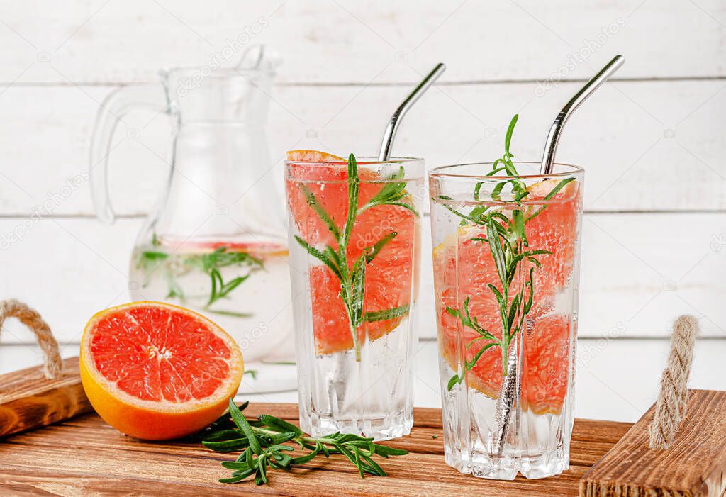 Antioxidant infused water with grapefruit and rosemary. Healthy lifestyle