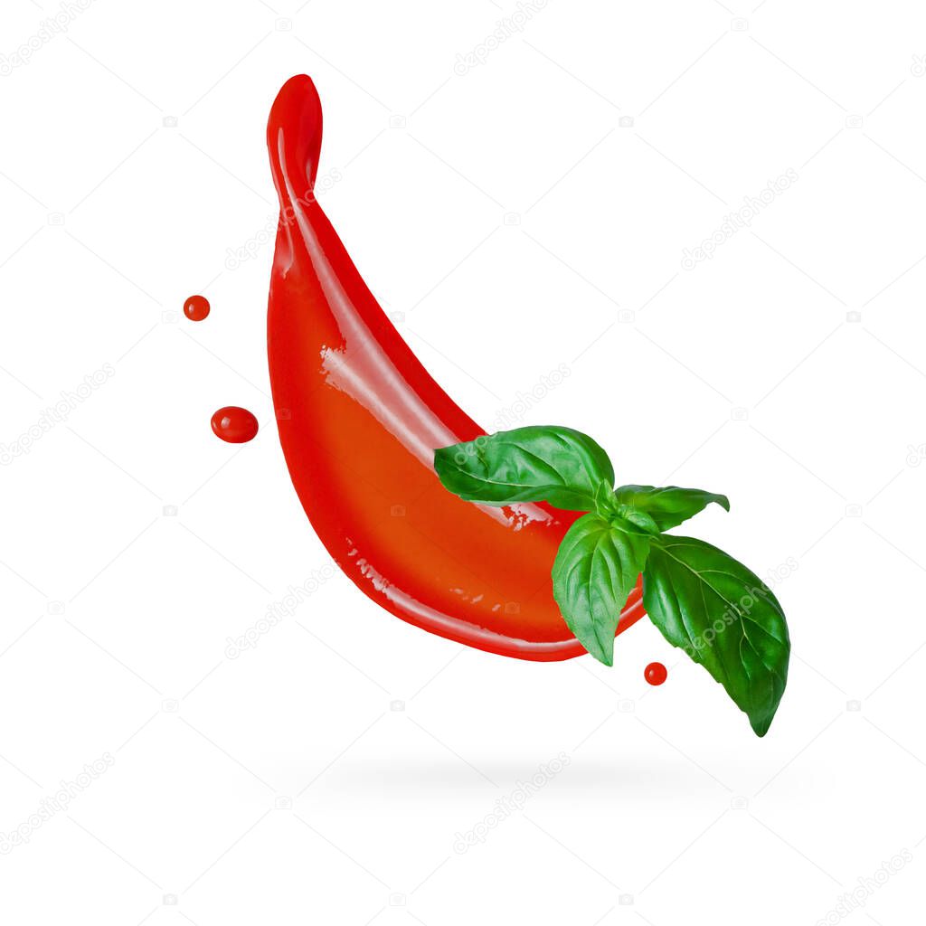 Sauce splash with basil leaves. Isolated on white. Design element for product label, catalog print.