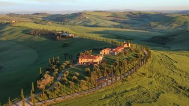 İtalya, Tuscany, Val d 'Orcia, Siena Eyaleti, Agriturismo Baccoleno' ya giden Cypress Ağaç Yolu.