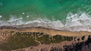 İspanya, Kanarya Adaları, Fuerteventura, Jandia Yarımadası, Playas de Sotavento, kum tepeleri, sahil ve deniz