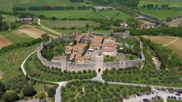 Italien Toskana Elsatal Monteriggioni Luftaufnahme Des Kreisförmigen Befestigten Historischen Dorfes — Stockvideo