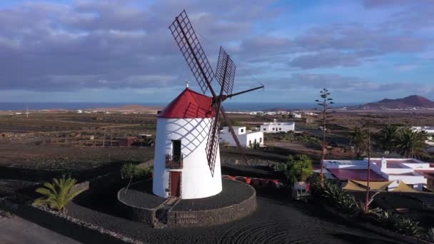 Spain Canary Islands Lanzarote Tiagua Traditional Windmill Volcanic Landscape — Stock Video