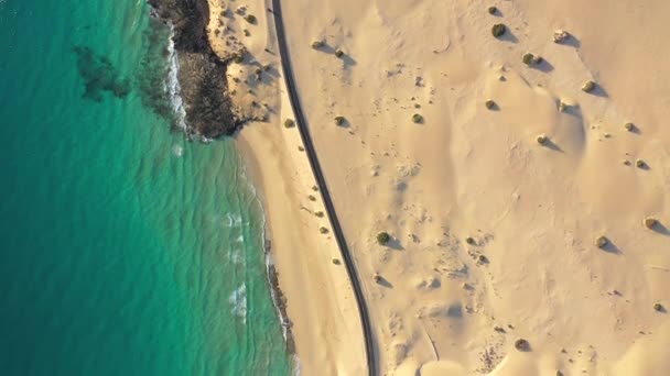 スペイン カナリア諸島 フエルテベントゥラ島 コラーレホ砂丘自然公園を横断する道路の空中ビュー — ストック動画