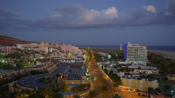 Espanha Ilhas Canárias Fuerteventura Vista Elevada Crepúsculo Sobre Resort Morro — Vídeo de Stock