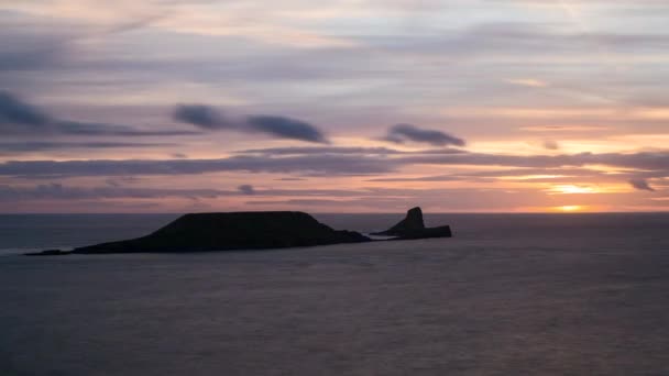 United Kingdom South Wales Gower Peninsular Sunset Worms Head — Stock Video