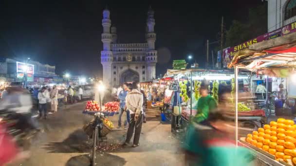泰兰加纳邦首府海得拉巴 安得拉邦 街头摊位和Charminar 四个Minarets 纪念碑 — 图库视频影像