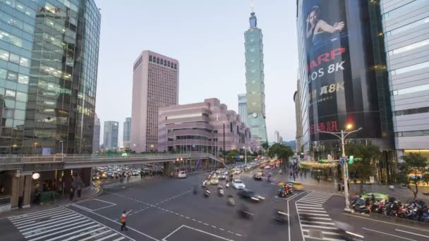 Тайвань Тайбэй Траффик Тайбэй 101 Оживленном Перекрестке Центре Города Районе — стоковое видео
