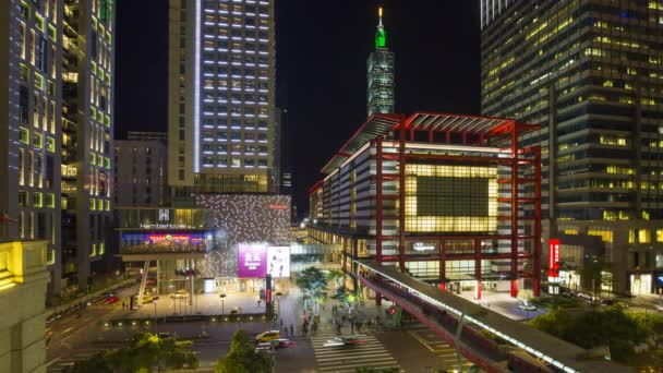 Taiwan Taipei Xinyi Centrum District Voetgangersbrug Time Lapse Belangrijkste Winkels — Stockvideo
