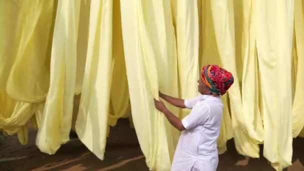 Tecido Recém Tingido Pendurado Para Secar Fábrica Roupas Sari Rajasthan — Vídeo de Stock