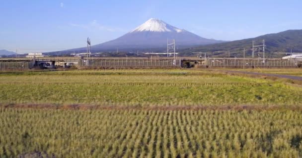 Japonya Honshu Fuji Dağı Shinkansen Mermi Treni Kar Kaplı Yanardağın — Stok video
