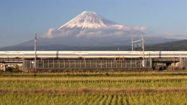 Japonya, Honshu, Fuji Dağı, Shinkansen Mermi Treni kar kaplı yanardağın altındaki pirinç tarlalarından geçiyor.