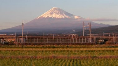 Japonya, Honshu, Fuji Dağı, Shinkansen Mermi Treni kar kaplı yanardağın altındaki pirinç tarlalarından geçiyor.