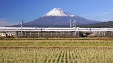 Japonya, Honshu, Fuji Dağı, Shinkansen Mermi Treni kar kaplı yanardağın altındaki pirinç tarlalarından geçiyor.