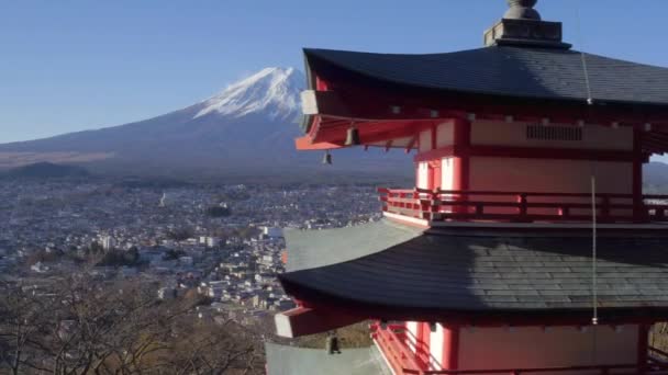 Snowy Mount Fuji Chureito Pagoda Arakura Yama Sengen Koen Park — Stockvideo
