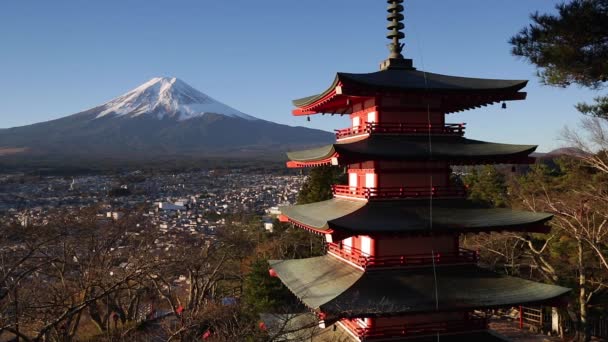 Snowy Mount Fuji Chureito Pagoda Arakura Yama Sengen Koen Parkban — Stock videók